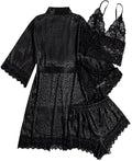 WDIRARA Women' Silk Satin Pajamas Set 4pcs Lingerie Floral Lace Cami Sleepwear with Robe