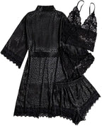 WDIRARA Women' Silk Satin Pajamas Set 4pcs Lingerie Floral Lace Cami Sleepwear with Robe