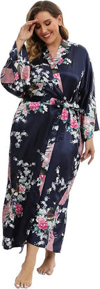 Women's Floral Long Satin Robes Plus Size Long Silk Robes Peacock Floral Kimonos Sleepwear Dressing Gown