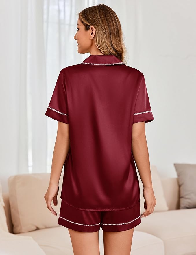 Ekouaer Womens Satin Silk Pajamas Set Short Sleeve Sleepwear Button Down Top and Shorts Loungewear 2 Piece Pjs Set S-XXL