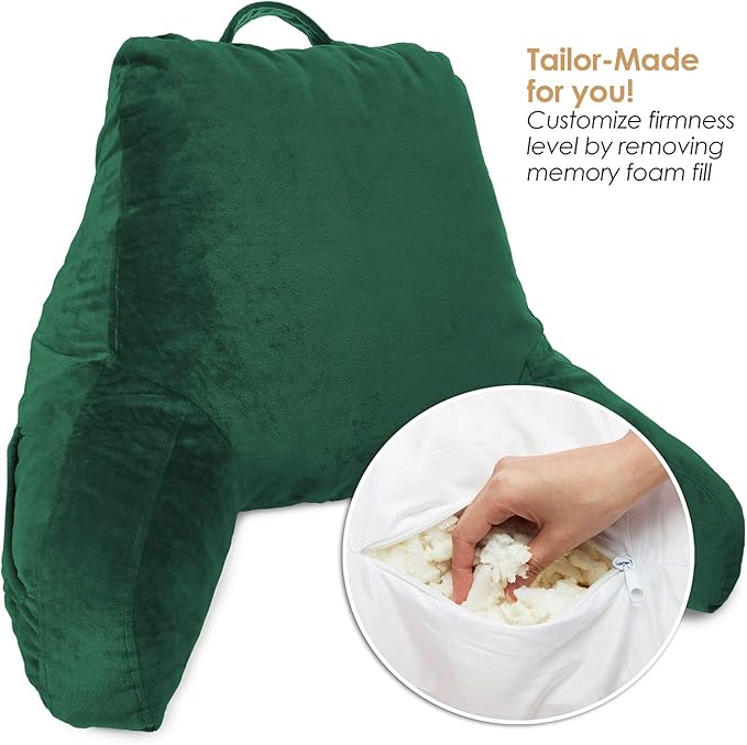 Clara Clark Reading Pillow for Kids & Teens with Shredded Memory Foam, Backrest Pillows for Reading, Watching, and Gaming, Use on The Couch, Bed, or Floor Adjustable Support, Washable Cover Dark Green