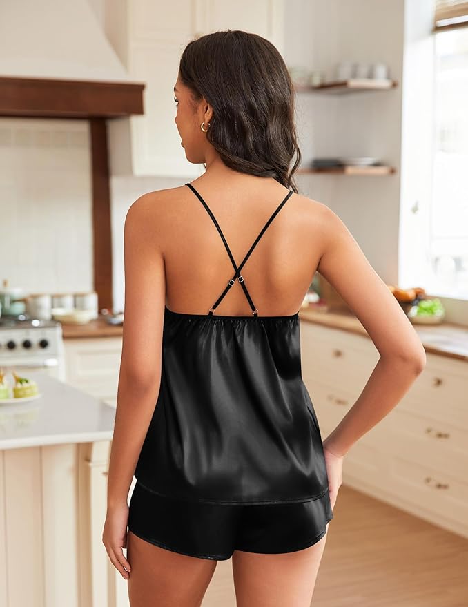 EKOUAER Silky Pajama Set for Women V-Neck Satin Camisole Lingerie Sets Party Loungewear Sleepwear