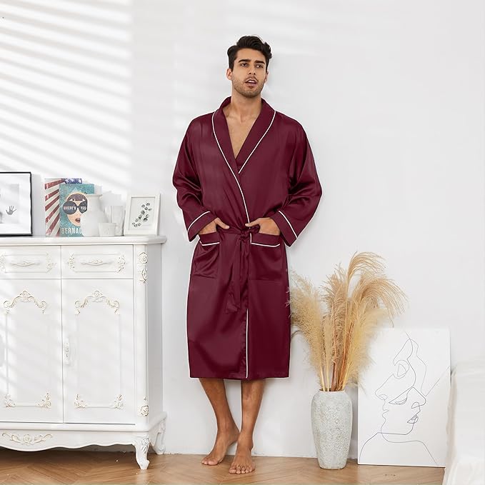 Vulcanodon Men’s Satin Robe Lightweight,Men's Luxurious Silk Kimono Bathrobe