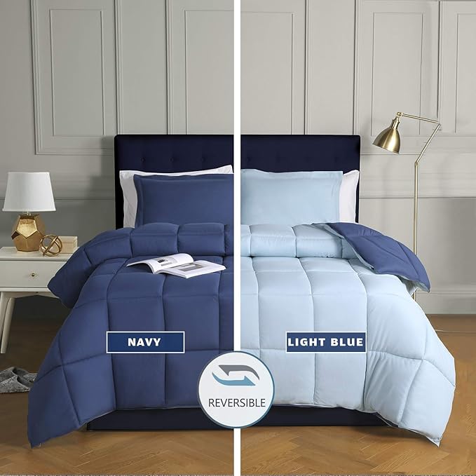 HIG 3pc Down Alternative Comforter Set - All Season Reversible Comforter with Two Shams - Quilted Duvet Insert with Corner Tabs - Box Stitched - Breathable, Soft (Full/Queen, Navy/Light Blue)