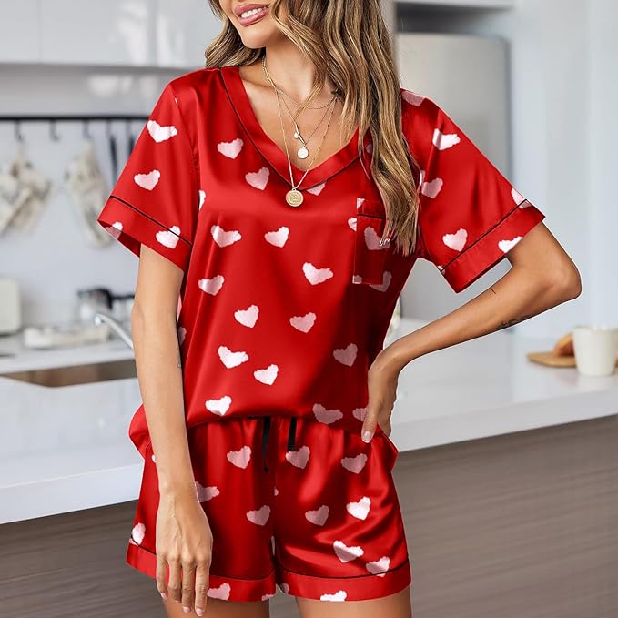 RUEWEY Women Satin Silk Pajamas Lounge Set Heart Print Short Sleeve Tops and Shorts 2 Piece Outfits Sleepwear