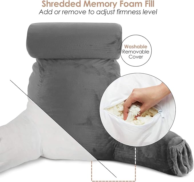 Clara Clark Reading Pillow with Shredded Memory Foam Includes 2 Neck and Lumber Support Pillows, Designed for Sitting Up in Bed and Couch, Back and Arms Adjustable Support for Adults & Teens, Grey