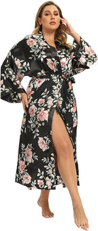 Women's Floral Long Satin Robes Plus Size Long Silk Robes Peacock Floral Kimonos Sleepwear Dressing Gown