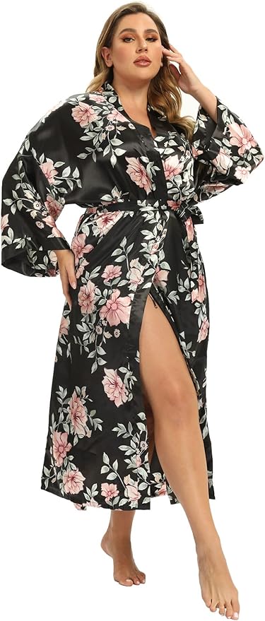 Women's Floral Long Satin Robes Plus Size Long Silk Robes Peacock Floral Kimonos Sleepwear Dressing Gown