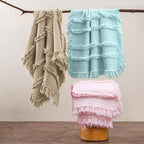Ultra Soft Pre-Washed Quilted Boho Beige Queen Size Blankets for Bed, Ruffle Fringed Decorative Throw, Stone Washed Chic Rustic Blanket for Sofa Couch Bed, 90"*90"