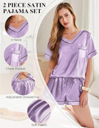 Silk Pajamas for Women Short Sleeve Satin 2 Piece Pj Set Soft V Neck Sleepwear Loungewear, S-XXL