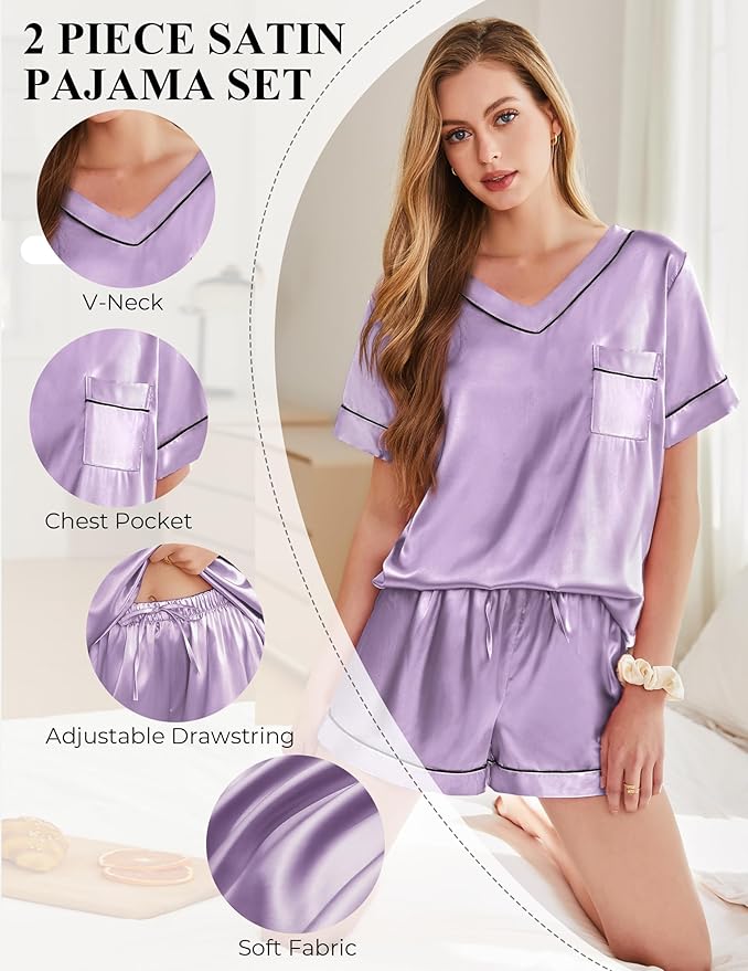 Silk Pajamas for Women Short Sleeve Satin 2 Piece Pj Set Soft V Neck Sleepwear Loungewear, S-XXL