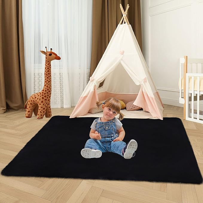 Black Faux Rabbit Fur Rug 3x5 Fluffy Fuzzy Rug for Bedroom Living Room Nursery Bedside Carpet Washable Area Rug