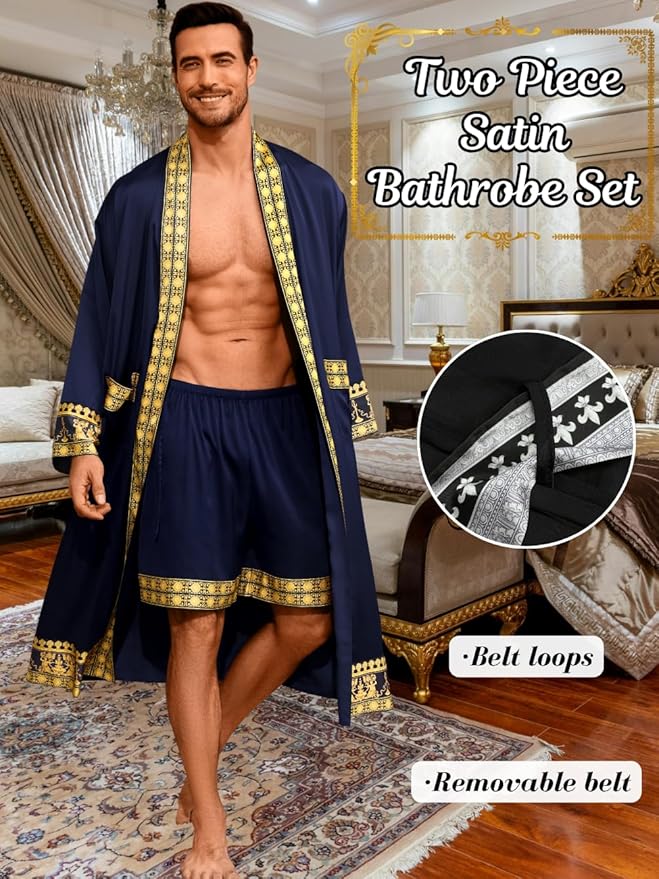ChiaoLezhee Men's Luxury Silky Robe & Shorts Set, 2PC Lightweight Satin Pajamas with Pockets, Opulent Baroque Kimono Gifts