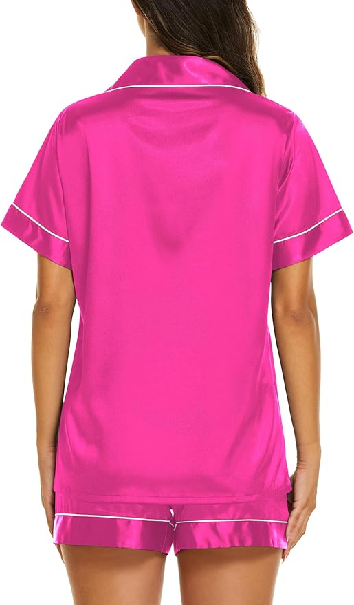 Ekouaer Silk Pajamas for Women Short Sleeve Sleepwear Soft Button Down Loungewear 2 Piece Satin Pjs Shorts Set