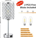Table Lamps for Bedroom Set of 2-Crystal Table Lamp with USB C+A Ports & AC Outlet Sliver Nightstand Touch Lamp with 3-Way Dimmable Bedside Side Desk Lamp for Living/Bedroom (LED Bulb Included)