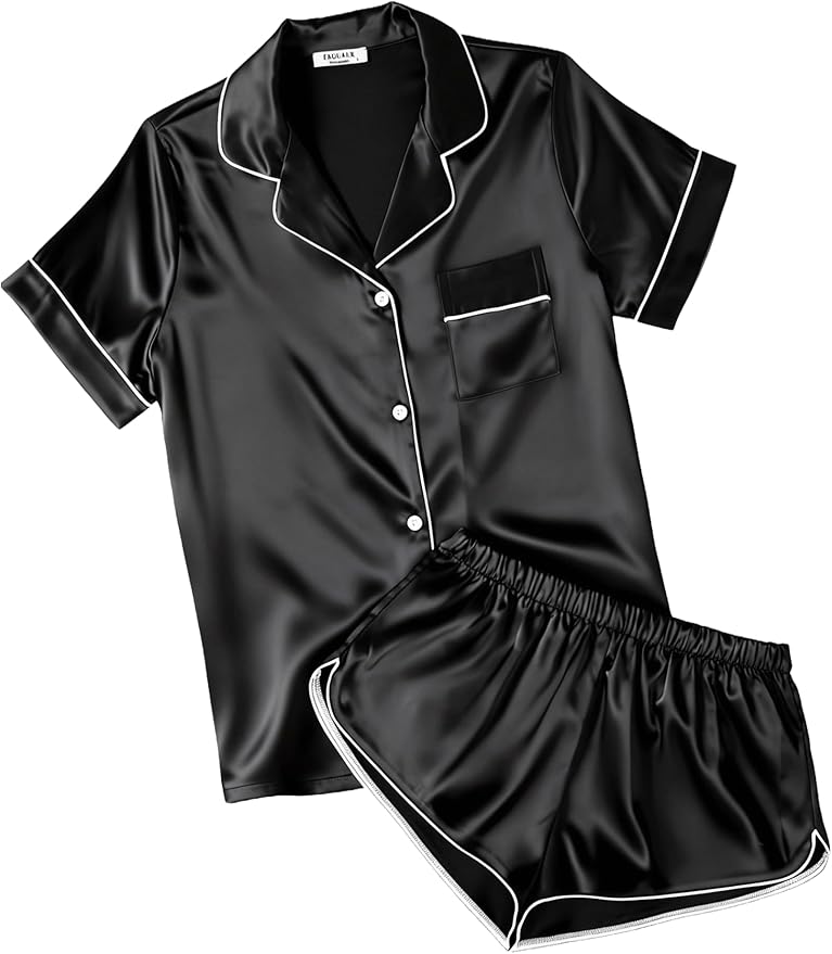 Ekouaer Womens Silk Satin Pajamas Short Sleeve PJS Shorts Set Soft Button Down Sleepwear 2 Piece Loungewear S-5XL