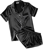 Ekouaer Womens Silk Satin Pajamas Short Sleeve PJS Shorts Set Soft Button Down Sleepwear 2 Piece Loungewear S-5XL