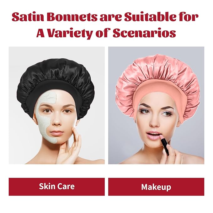 ZHENSILK 2Pcs Silk Bonnet for Sleeping, Satin Hair Bonnets, Soft Elastic Band Silk Sleep Cap, Hair Wrap for Women(Black Pink)