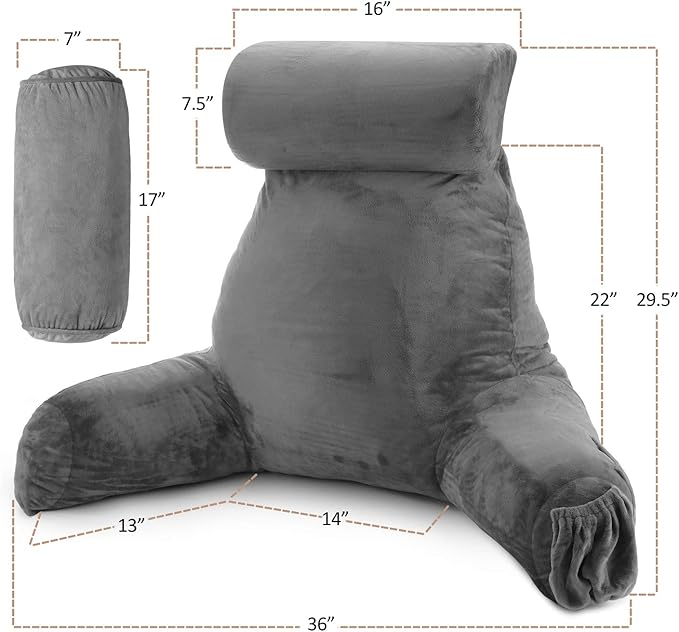 Clara Clark Reading Pillow with Shredded Memory Foam Includes 2 Neck and Lumber Support Pillows, Designed for Sitting Up in Bed and Couch, Back and Arms Adjustable Support for Adults & Teens, Grey