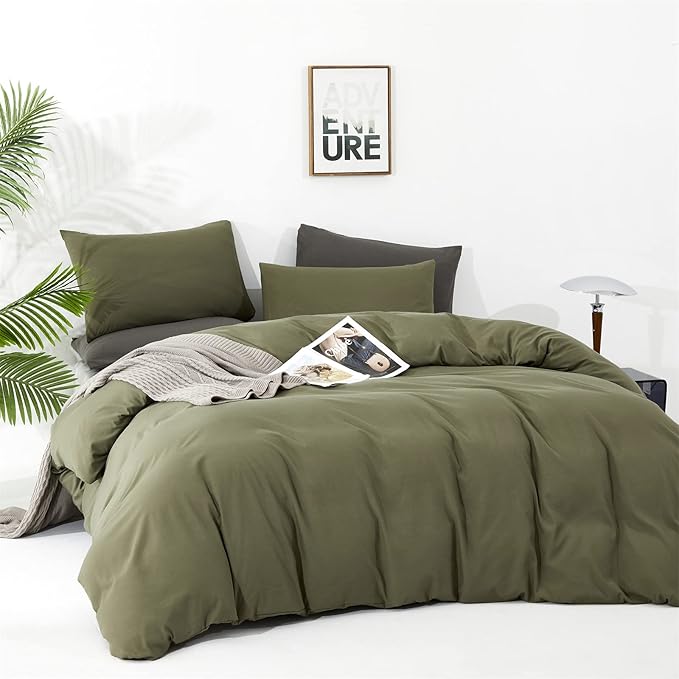 Cottonight Olive Green Bedding Set - Queen Size, Army Green Comforter, Blanket & Quilts - Modern, Soft, Breathable - 3 Piece Set for Women & Men