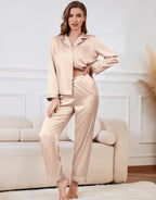 SAPJON Satin Silk Pajamas for Women Set 5PCS Classic Button Down Pajamas Top and Pants Cami and Ruffle Shorts Sleepwear