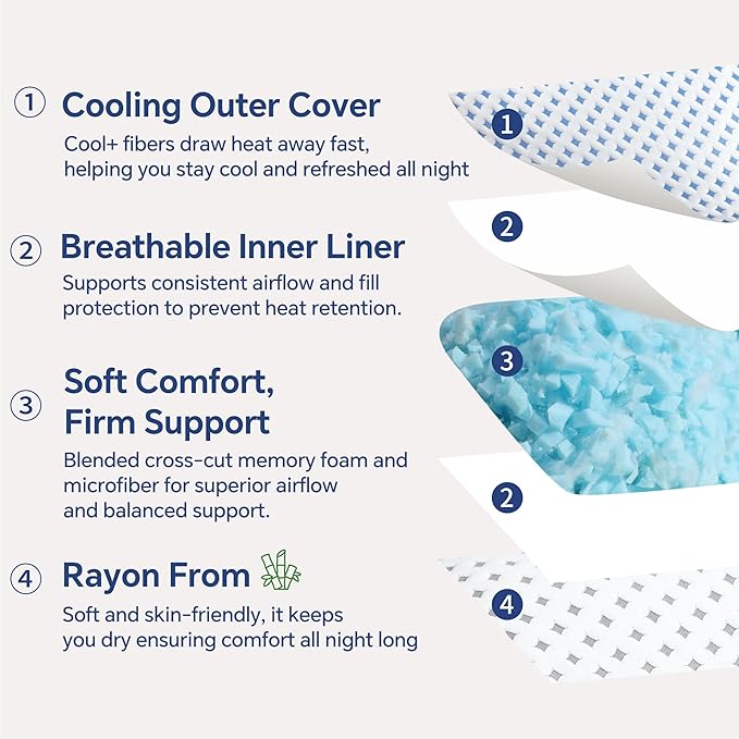 Memory Foam Pillows 2 Pack – Adjustable Loft Cooling Pillows Queen Size Set of 2 for Sleeping, Firm, Supportive, and Breathable Design for Hot, Side, Back, and Stomach Sleepers