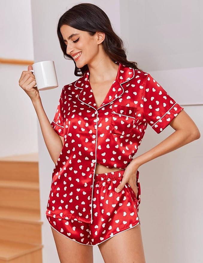 Ekouaer Womens Silk Satin Pajama Sets 2 Piece Button Down Silk Pjs Shorts Sets Cute Print Short Sleeve Sleepwear S-4XL