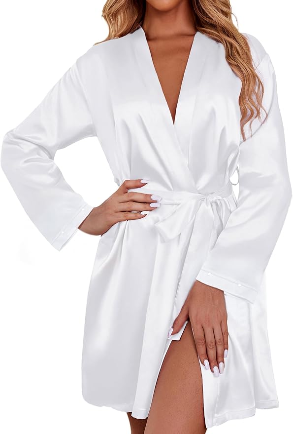 Ekouaer Women's Satin Robe Short Bridesmaid Bride Feather Bridal Robe Kimono Silky Long Sleeve Bathrobe S-XXL