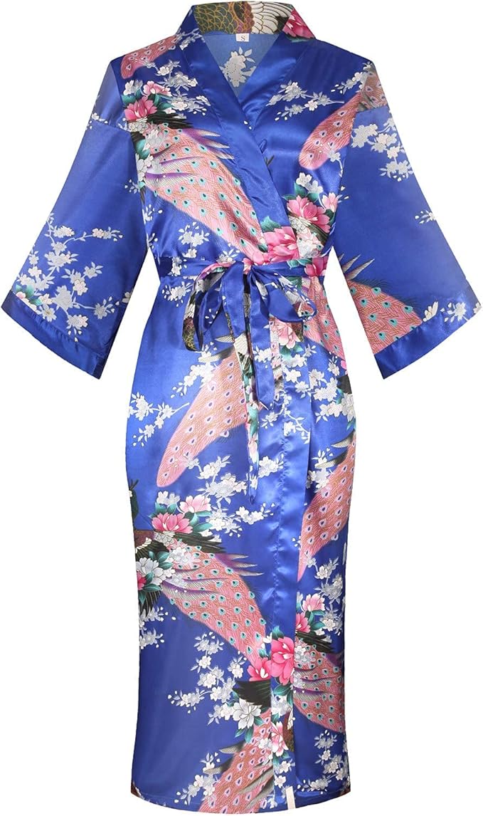 Valennia Women Long Silky Bathrobe Satin Kimono Robe Floral Printed Dressing Gown Sleepwear