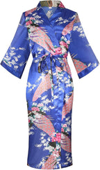 Valennia Women Long Silky Bathrobe Satin Kimono Robe Floral Printed Dressing Gown Sleepwear