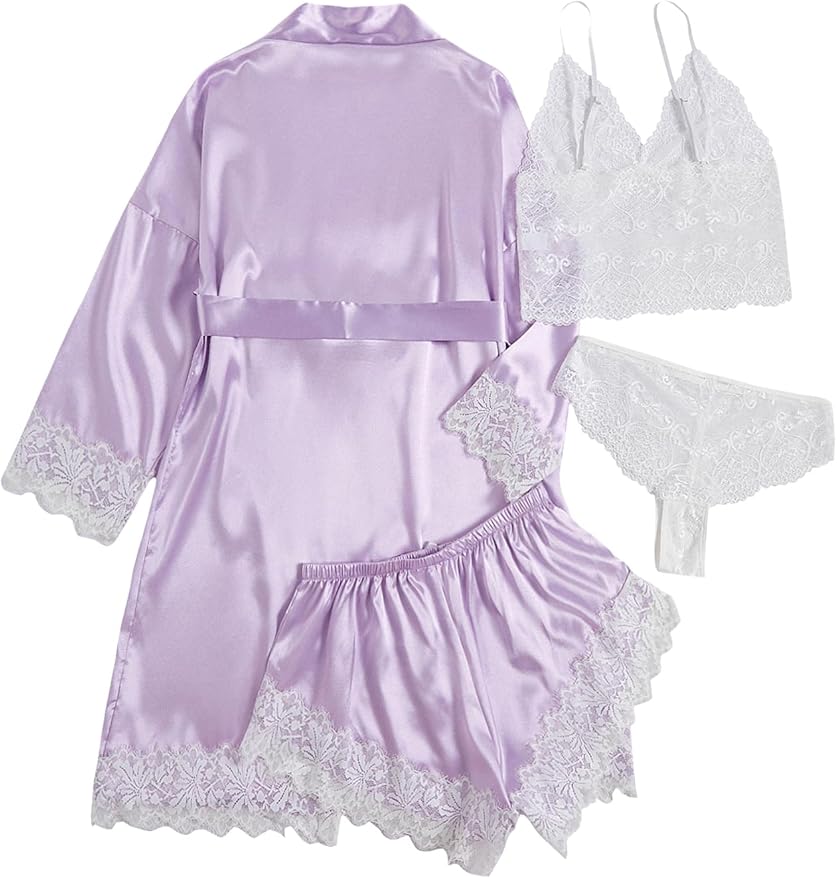 WDIRARA Women' Silk Satin Pajamas Set 4pcs Lingerie Floral Lace Cami Sleepwear with Robe