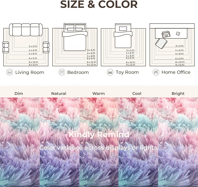 Litanika 3x5 Fluffy Shag Faux Fur Area Rug for Living Room Bedroom, Tie-Dyed Blue Rainbow High Pile Soft Plush Shaggy Furry Bedside Playroom Dorm Carpet, Non-Slip, Non-Shedding Modern Indoor Floor Rug