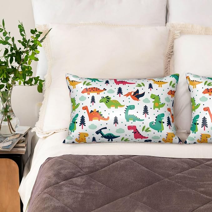 Imitation Silk Pillow Case for Hair and Skin Cute Cartoon Dinosaur King Size 1 Pack Satin Pillow Cases with Zipper Super Soft Pillow Cover for Women Bed Sleeping, 20x36 Inches