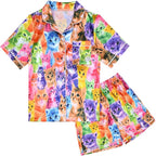 QPANCY Kids Satin Pajamas Sets Baby Boy Girl Button-Down Silk Sleepwear 2 Piece Short Sleeve Loungewear Clothes Set