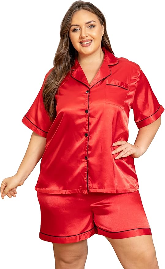 Vozanet Women's Short Sleeve Satin Pajama Sets Silky Ladies Button Down Loungewear Plus Size Nighty Shorts Sets XL to 5XL