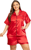 Vozanet Women's Short Sleeve Satin Pajama Sets Silky Ladies Button Down Loungewear Plus Size Nighty Shorts Sets XL to 5XL