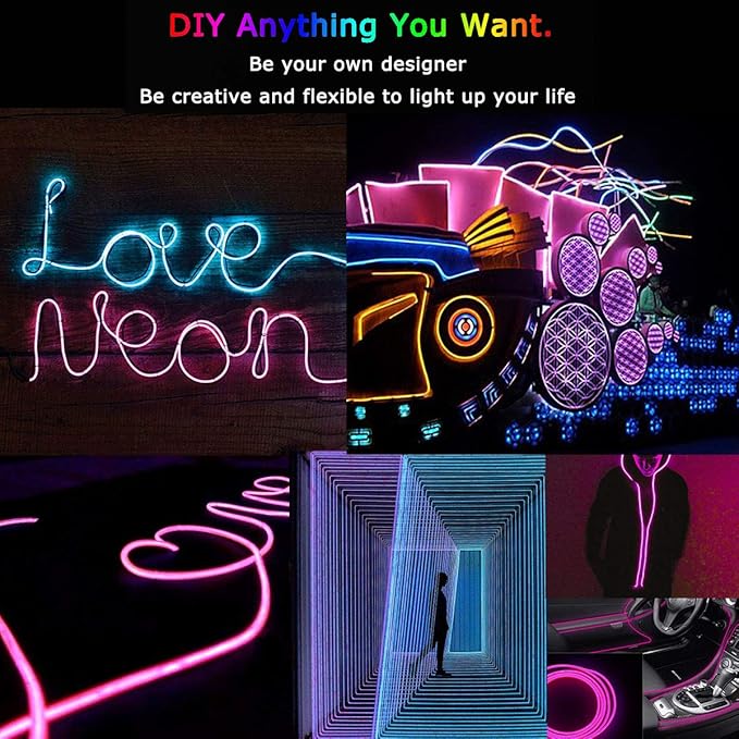 JIGUOOR EL Wire Battery Pack 9.8ft / 3m Bright Neon Light Strip 360° Illumination Neon Tube Rope Lights for DIY, Festival, Party Decoration, Pub, Halloween, Chrismas (9.8ft / 3m, Pink)