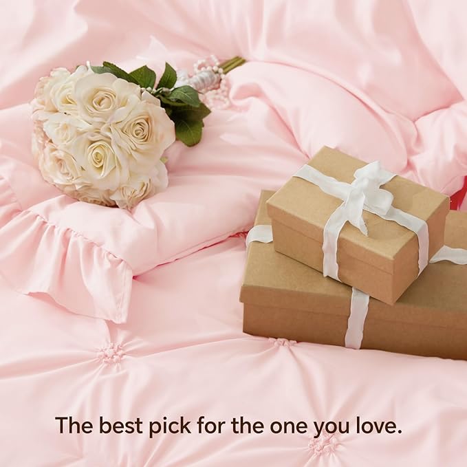 BEDELITE Baby Pink Twin Comforter Set - 2 Peices Boho Ruffle Pintuck Bedding Comforter Sets, Lightweight Soft & Warm Twin Bedding Sets with 1 Pillowcase for All Season
