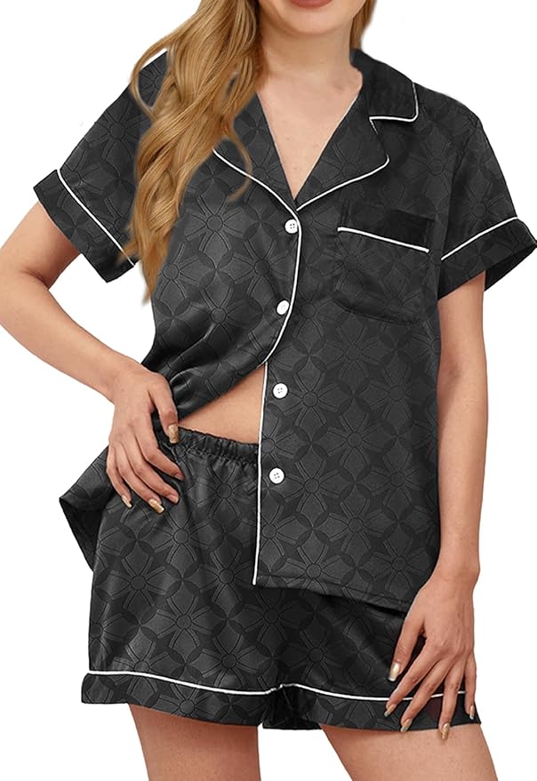 WJing Yi Jia Womens Silk Satin Pajamas Loungewear Two-Piece Sleepwear Button-Down Floral Pj Set XS-4XL