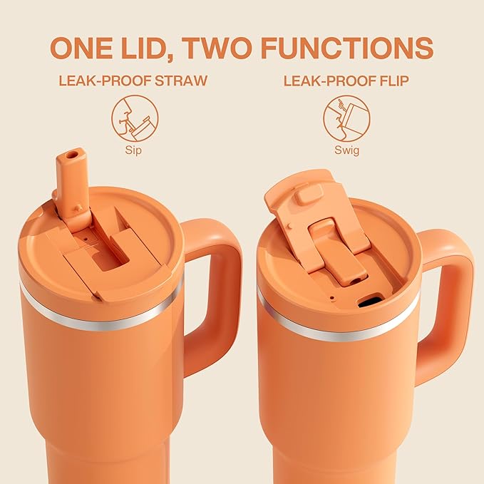 40 oz Tumbler with Handle and Straw: Stainless Steel Insulated Tumbler Keeps Cold for 24 Hours, Leakproof Travel Cup Fits in Cup Holder and BPA-Free,Moderate Orange