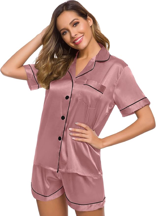 SWOMOG Womens Silk Satin Pajamas Set Short Sleeve Sleepwear Button Down Top and Shorts Loungewear 2 Piece Pjs Set XS-3XL