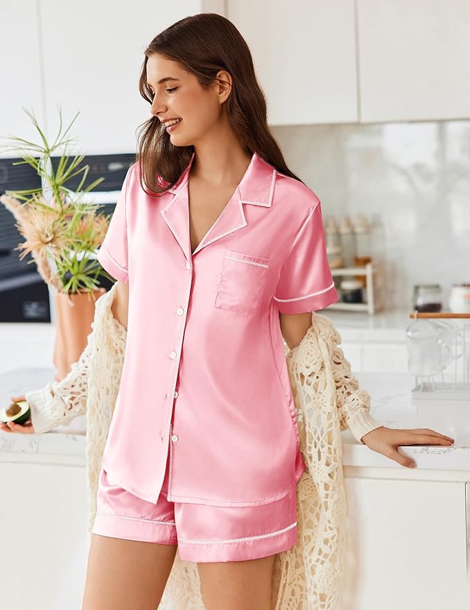 Ekouaer Womens Satin Silk Pajamas Set Short Sleeve Sleepwear Button Down Top and Shorts Loungewear 2 Piece Pjs Set S-XXL