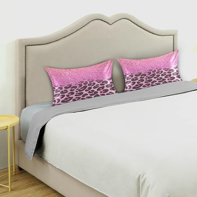Satin Pillowcase for Hair and Skin, Pink Glitters Leopard Prints Silk Pillowcase Soft and Cozy Body Pillow Covers, Queen Size Satin Pillow Cases with Envelope Closure(20x30 Inch), 1PC