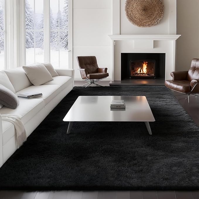 Ultra Soft Shag 8x10 Black Area Rug – 8x10 Rugs for Living Room, Non-Slip, Fluffy Plush Large Carpet, Shaggy Furry Rug for Bedroom, Dorm, Kids and Girls Room, Nursery, Home Office Décor