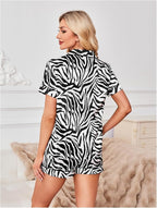 WDIRARA Women's Sleepwear Leopard Print Satin Shirt and Shorts Pajama Set