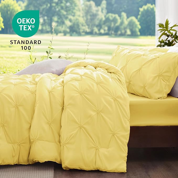 BEDELITE Light Yellow King Size Comforter Set - 3 Pieces Boho Pintuck Bedding Comforter Sets, Lightweight Soft & Warm King Bedding Set with 2 Pillowcases for All Season
