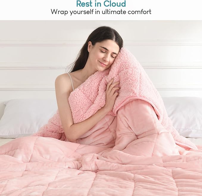 Cottonblue Sherpa Fleece Weighted Blanket 12lbs, Flannel Cozy Plush Blankets, Fuzzy Flannel Bedding Blanket Throw for Twin Full Bed, Minky Soft Blanket for Sofa Bed 48 x 72 inches, Blush Pink