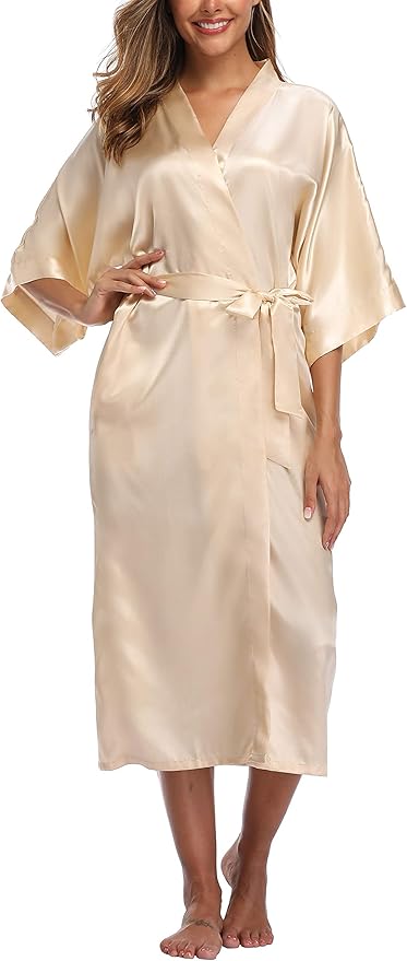 Womens Long Silky Robe Satin Kimono Robes Silk Bathrobe for Wedding Party Full Length Dressing Gown