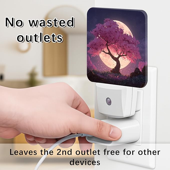 Cherries Blossom Night Lights Plug Into Wall, Nature Dreamy Moon Night Sky Spring Peach Dusk to Dawn Led Plug in Lights for Living Room Entryway Kitchen Decor 1pcs