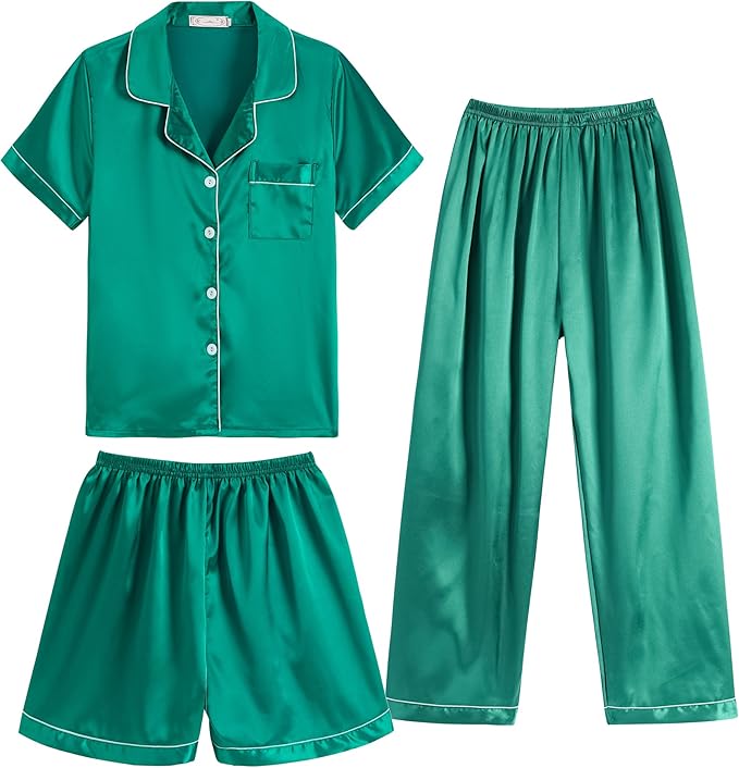 Hupohoi Unisex Girls Boys Kids Pajama Sets Button Down Satin Sleepwear Nighty 3PCS Silky Lounge Sets Nightwear
